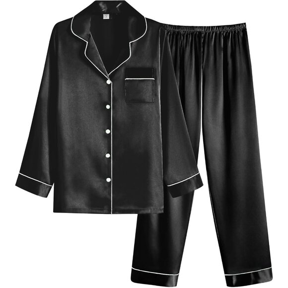 Women Black Satin Pajamas Set Classic Button Down Long Pjs Set - Picture 1 of 6